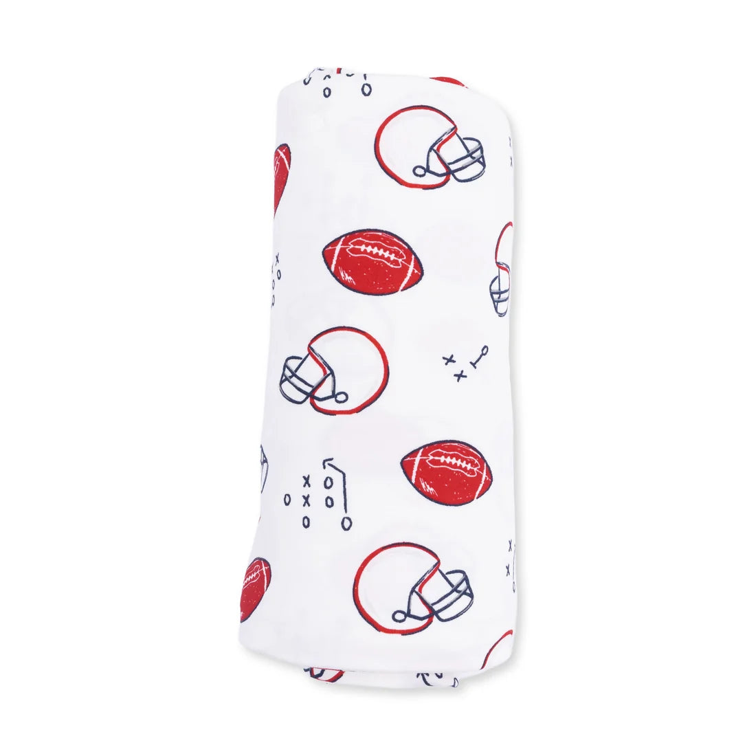 White Angel dear touchdown time swaddle blanket with red and blue sports-themed patterns on a white background