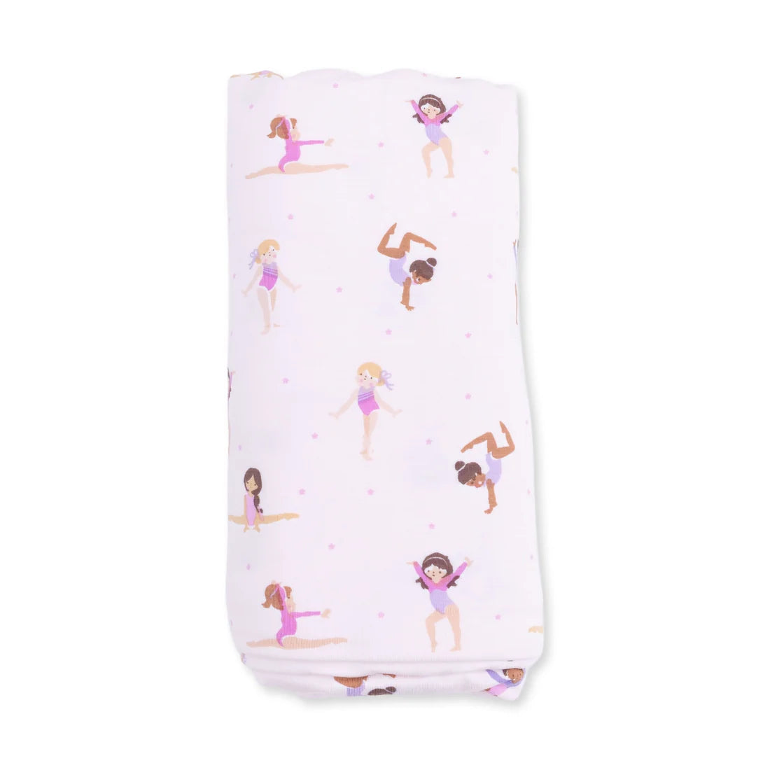 Angel dear tiny tumblers folded light pink blanket or swaddle featuring a repeating pattern of cartoon gymnasts in purple and pink outfits, set against a plain white background.