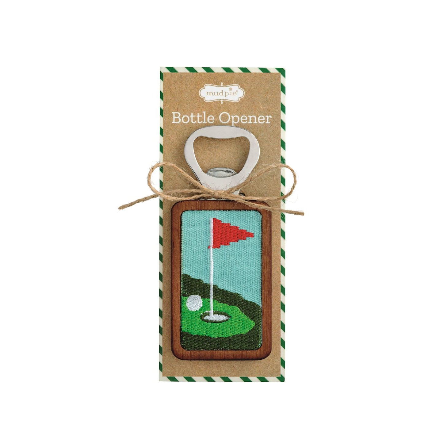A golf-themed bottle opener presented on its kraft paper packaging card. The opener features a stitched design of a white golf ball on a green with a golf flag, set in a brown wooden frame.