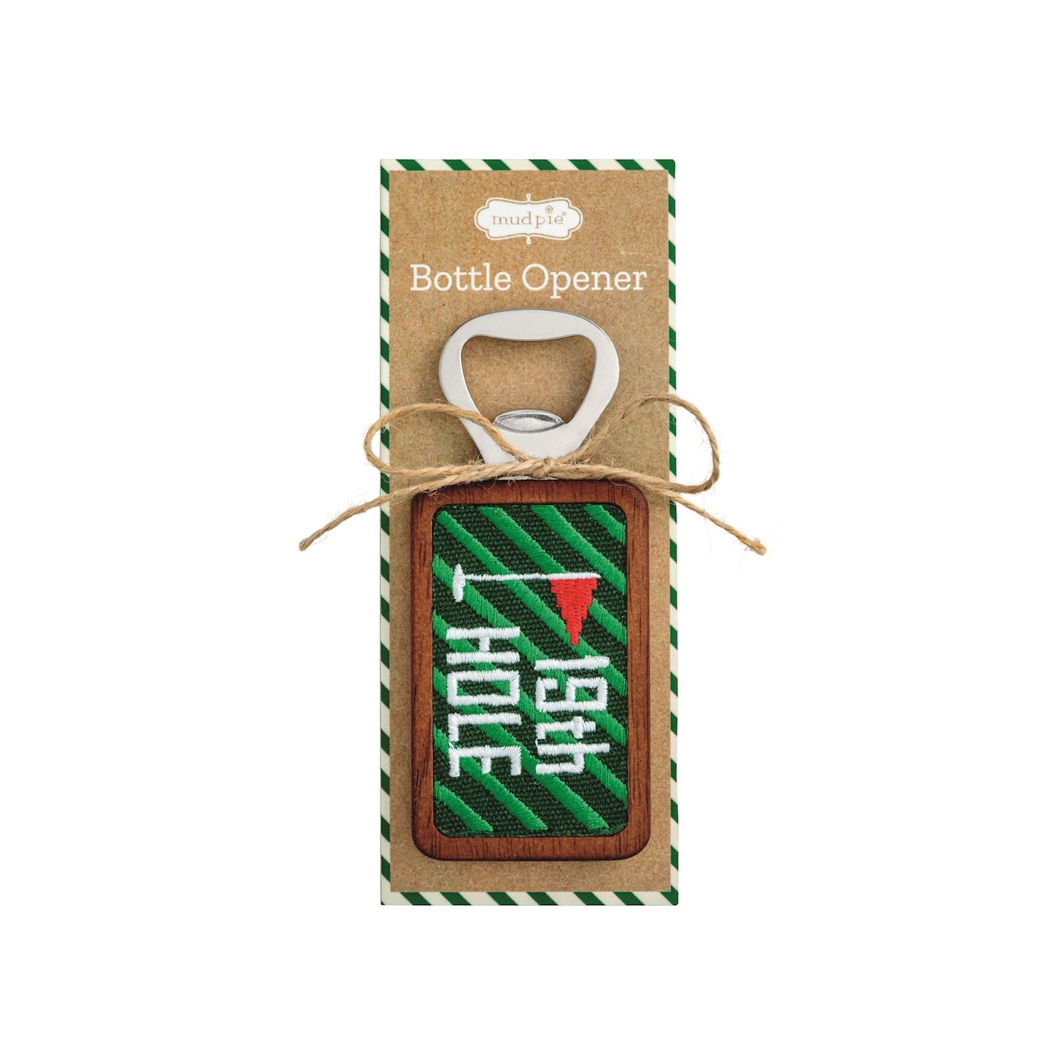 A golf-themed bottle opener presented on its kraft paper packaging card. The opener features a stitched design of a golf flag and the words '19th Hole' set in a brown wooden frame.