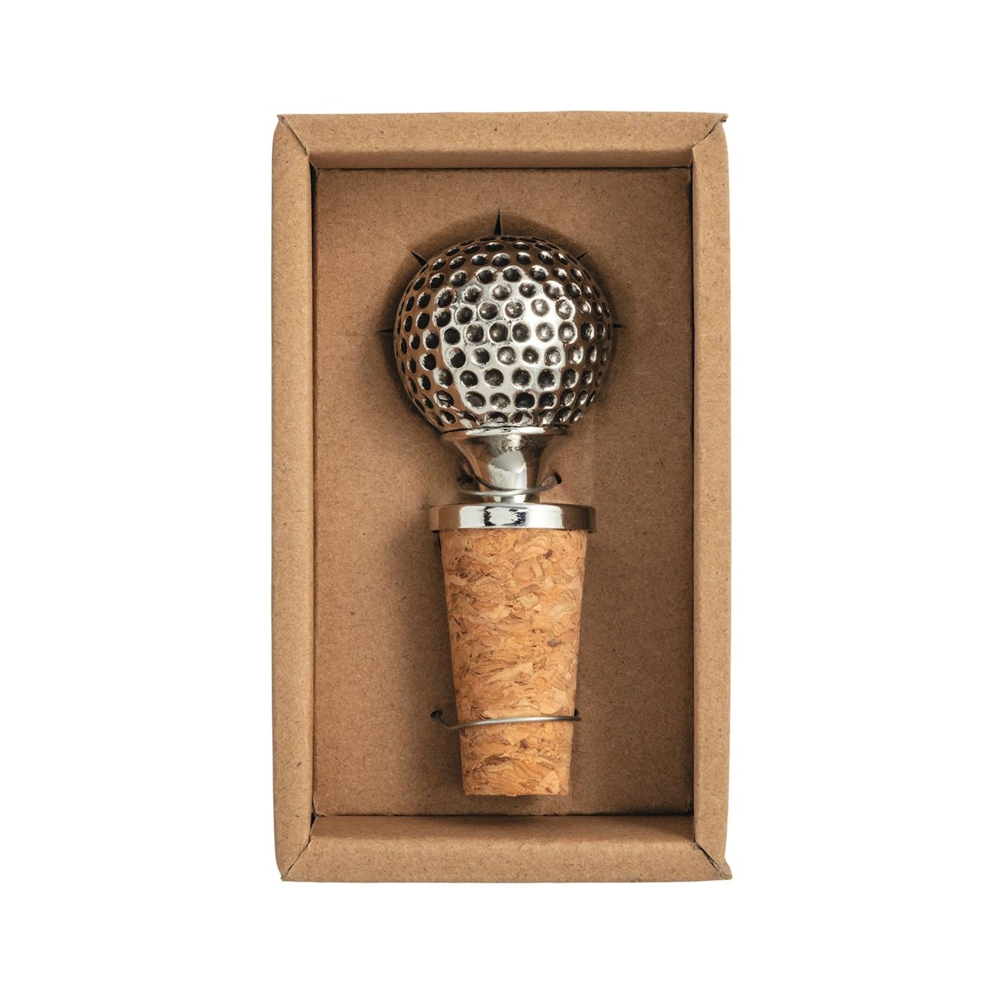 Golf-themed bottle stopper with silver golf ball on cork in a brown box