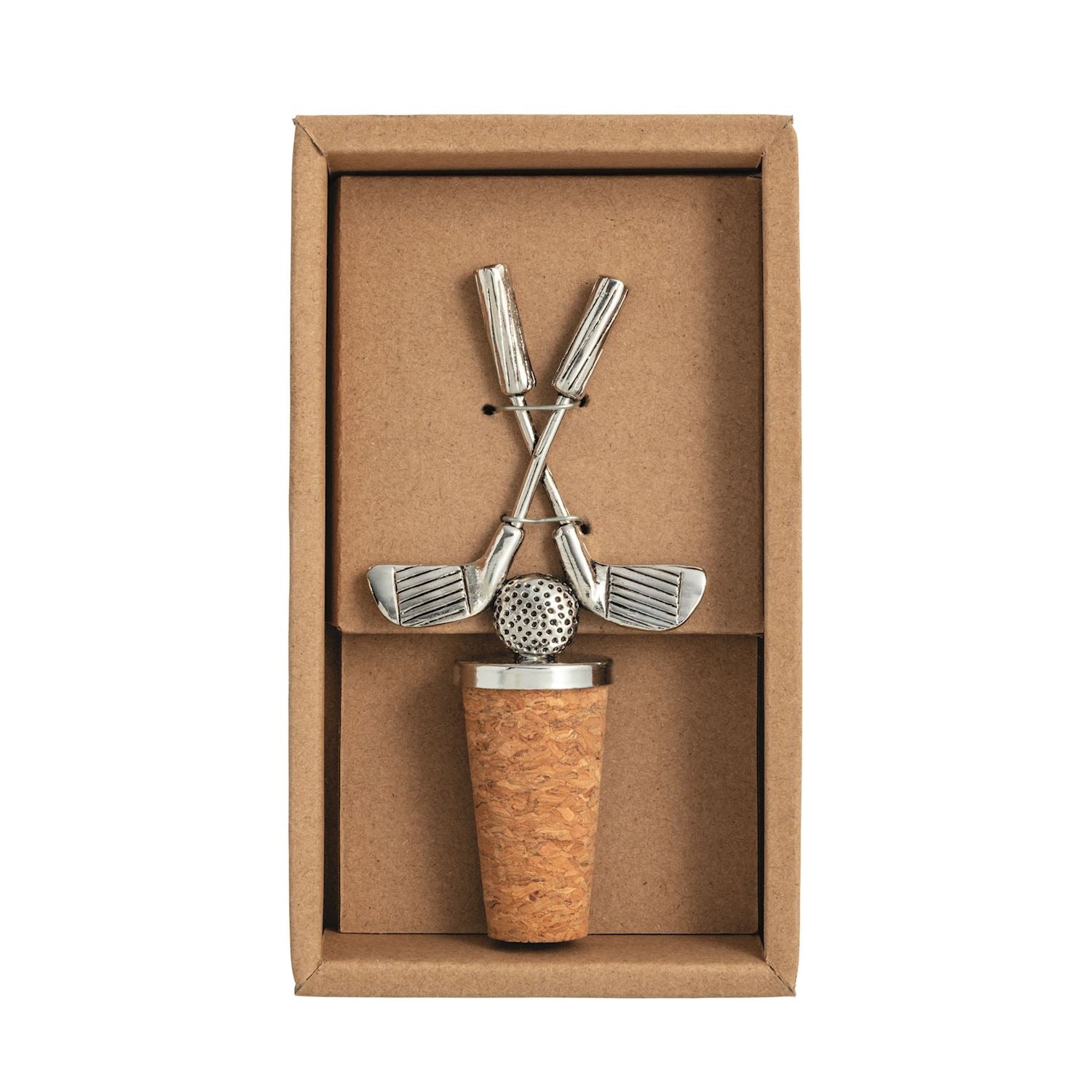 Golf-themed bottle stopper with 2 silver golf clubs atop a golf ball on cork in a brown box