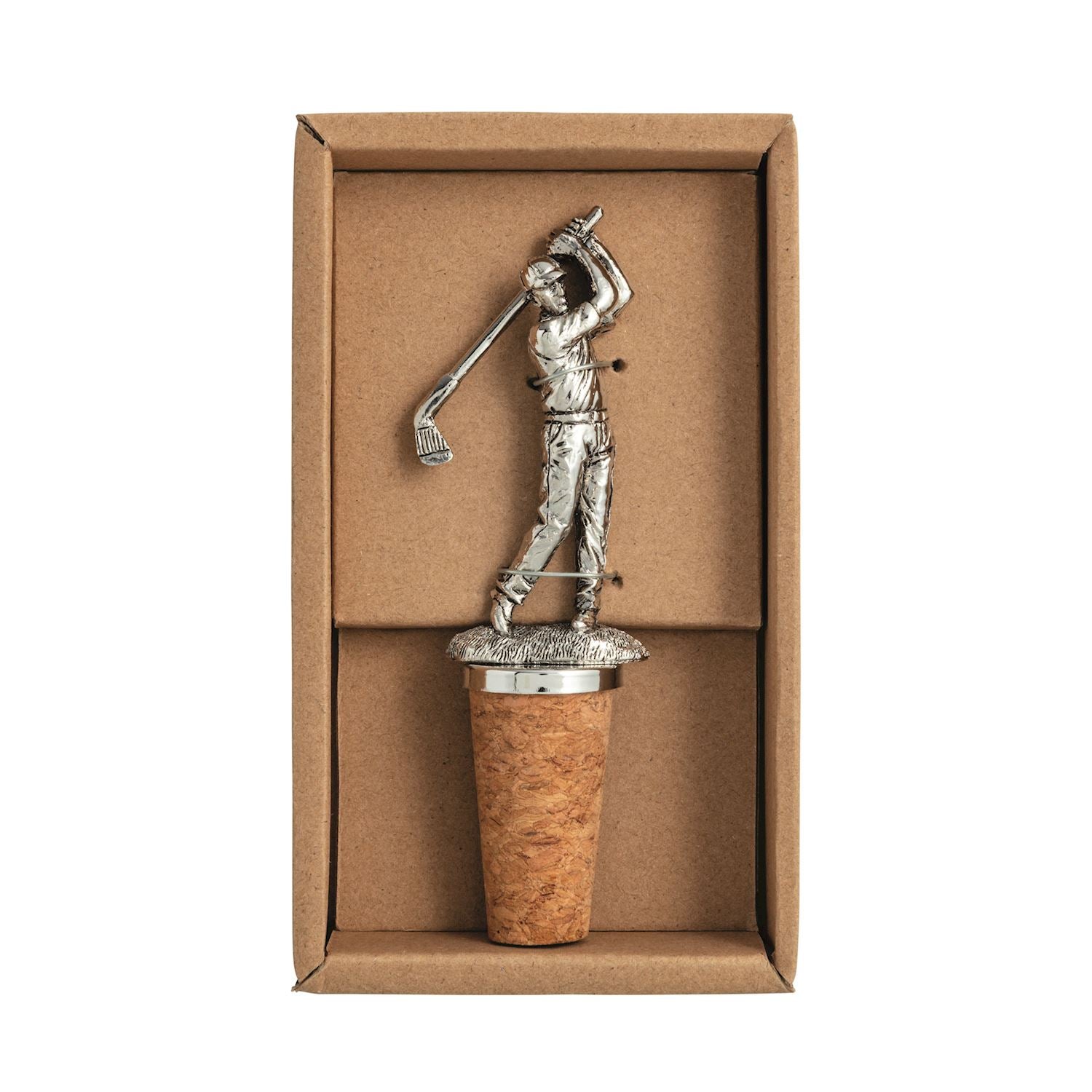 Golf-themed bottle stopper with silver golfer figure on cork in a brown box