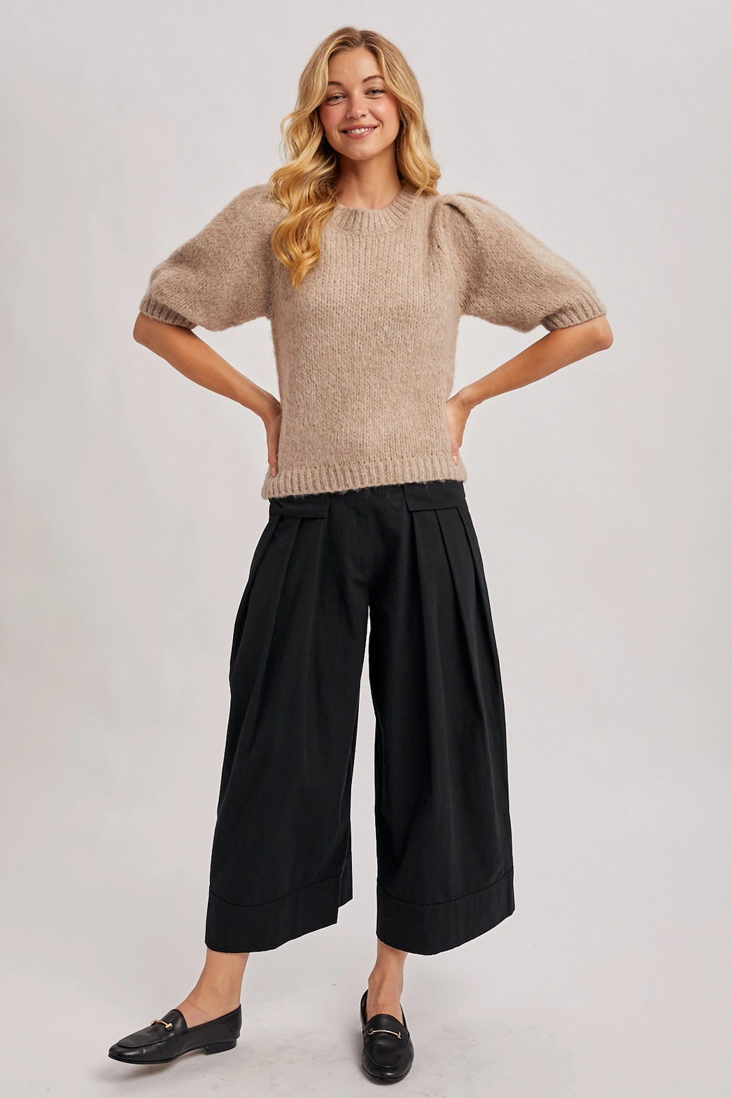 Puff Sleeve Knit Sweater Oatmeal Small
