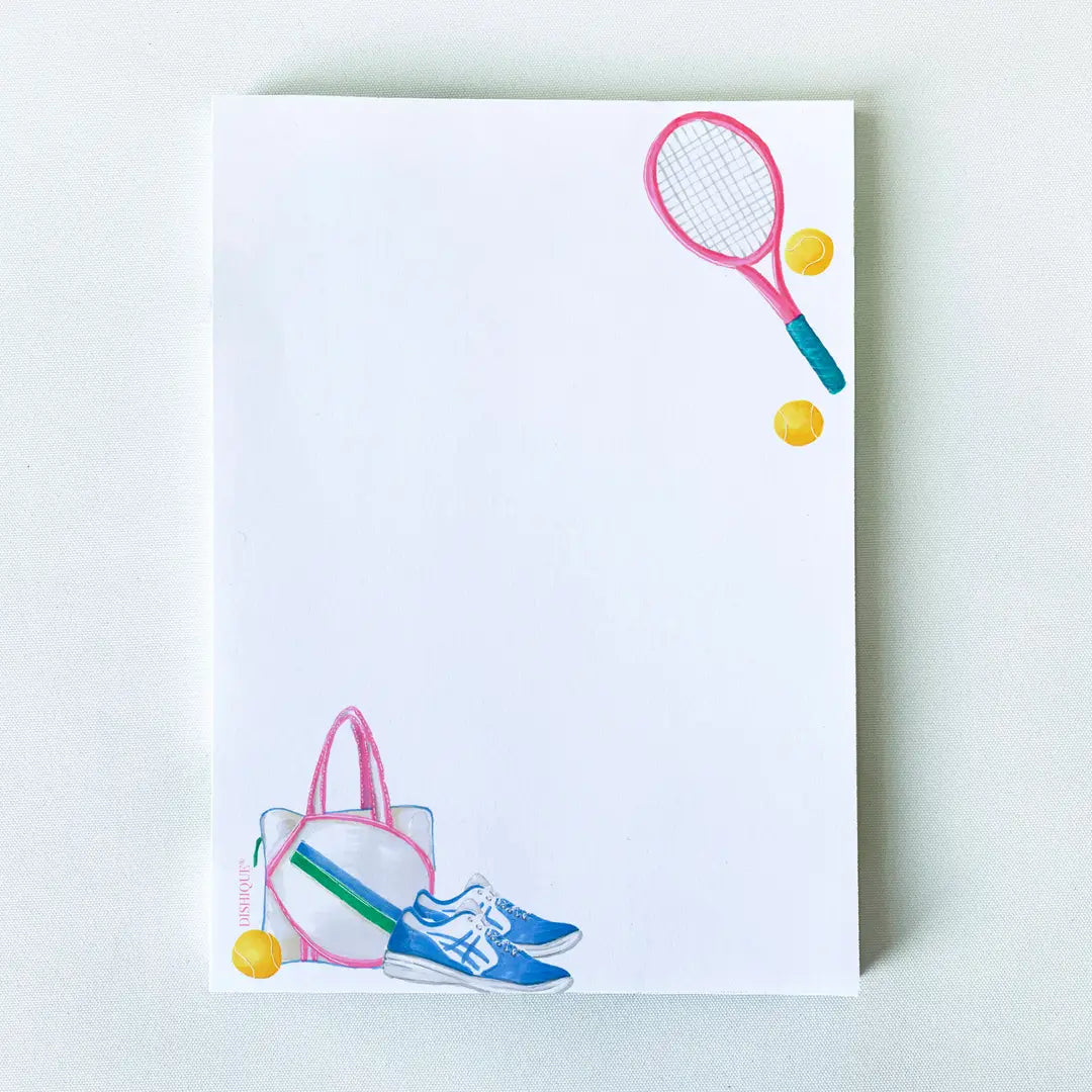 Notepad with tennis-themed illustrations including a racket, balls, and shoes on a white background.
