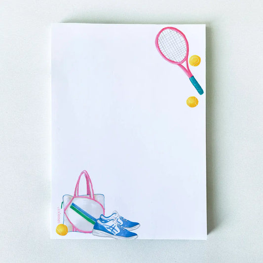 Notepad with tennis-themed illustrations including a racket, balls, and shoes on a white background.