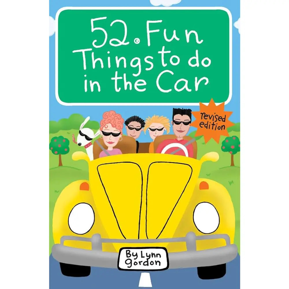 Cover of '52 Fun Things to do in the Car' with cartoon family in a car and green chalkboard text.