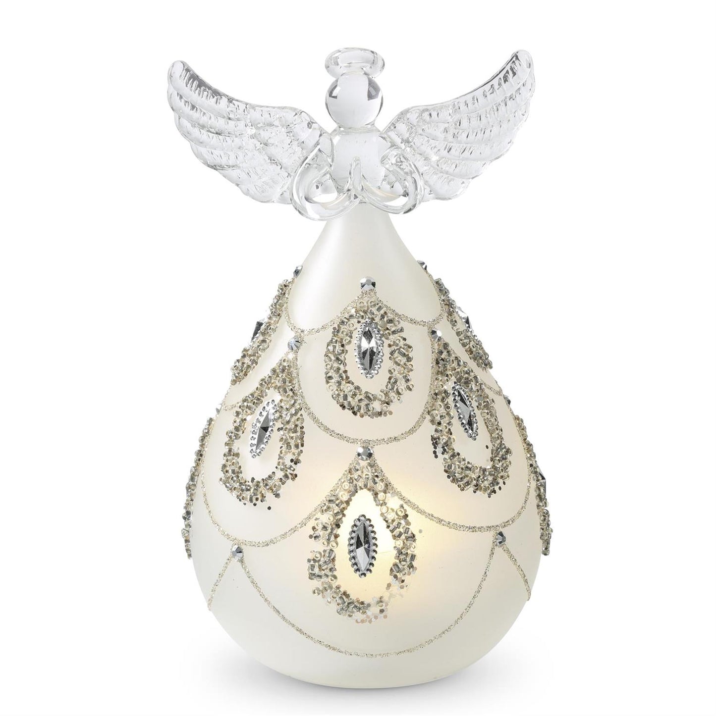 Glass Silver Jeweled LED Angel w/Timer 6"