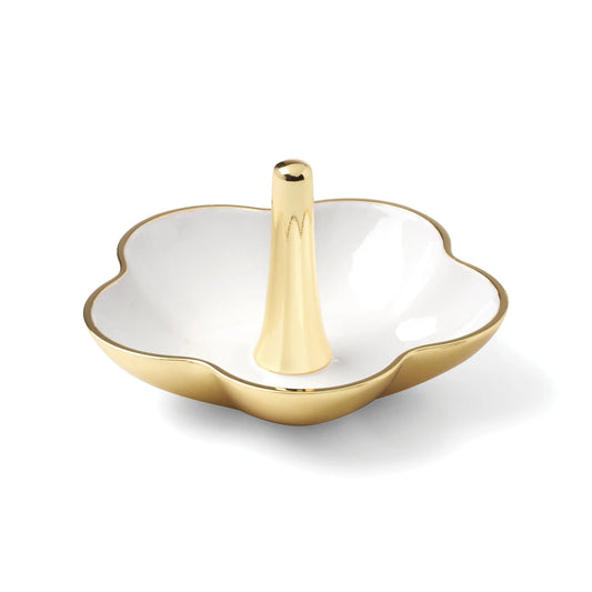 Gold and white ring holder on a white background