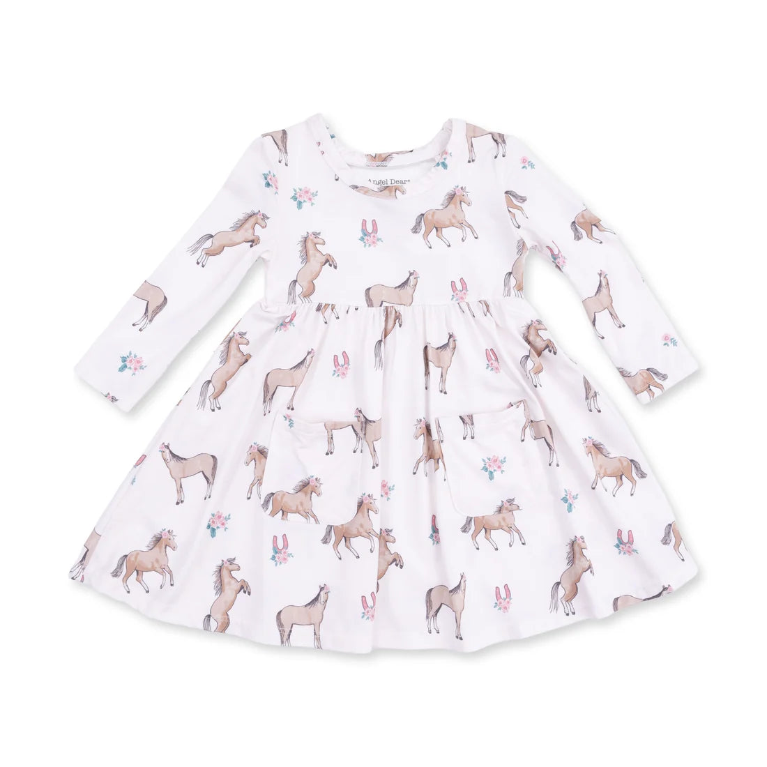 Angel dear I love horses twirly  long-sleeve white baby dress with an all-over print of brown horses, pink bunnies, and small floral motifs, shown flat on a white background.