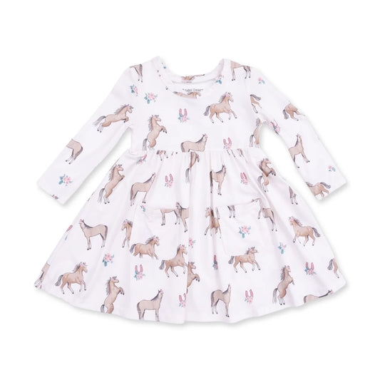 Angel dear I love horses twirly  long-sleeve white baby dress with an all-over print of brown horses, pink bunnies, and small floral motifs, shown flat on a white background.