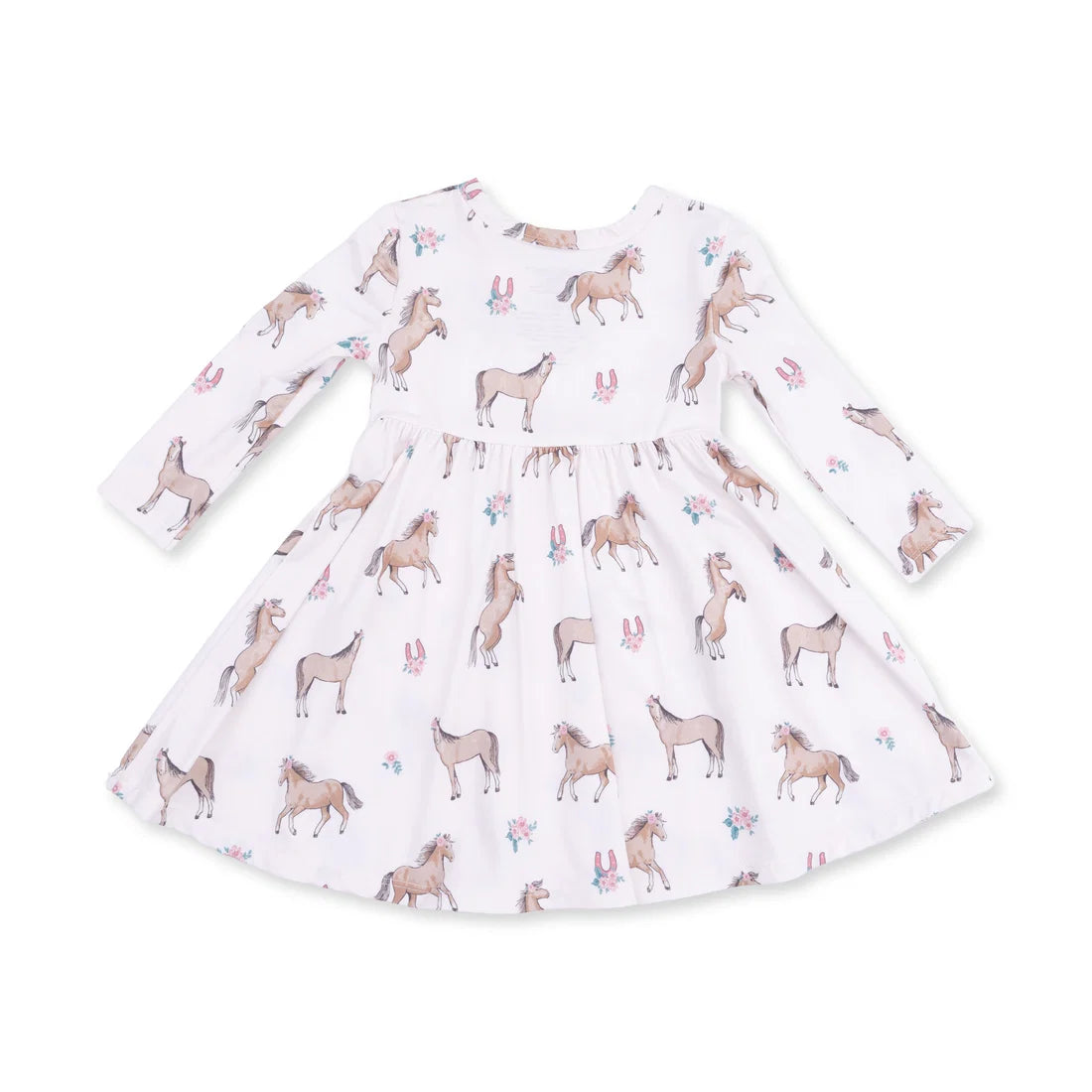 Angel dear I love horses twirly  long-sleeve white baby dress with an all-over print of brown horses, pink bunnies, and small floral motifs, shown flat on a white background.