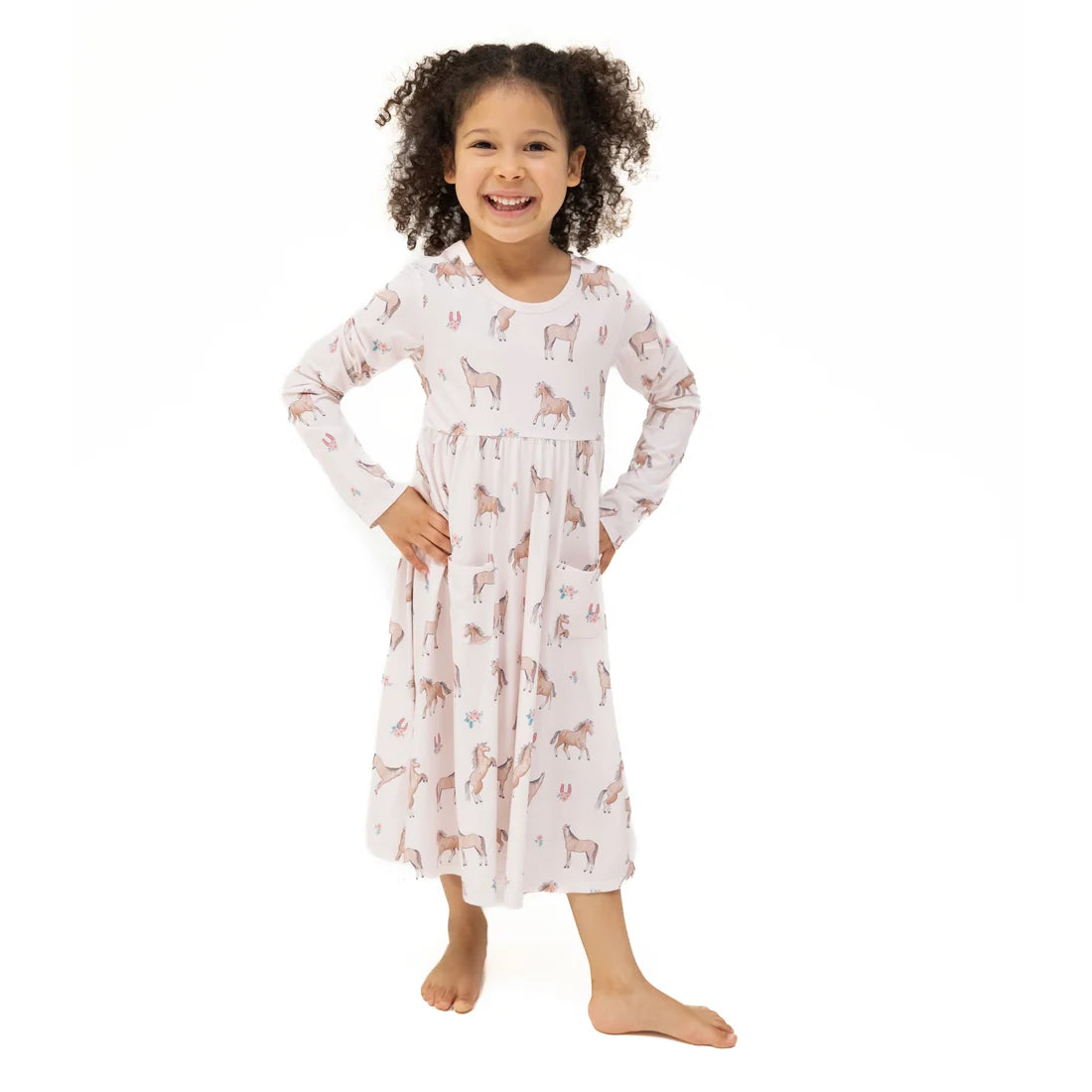 Girl wearing a Angel Dear I Love Horses - Twirly Long Sleeve Dress