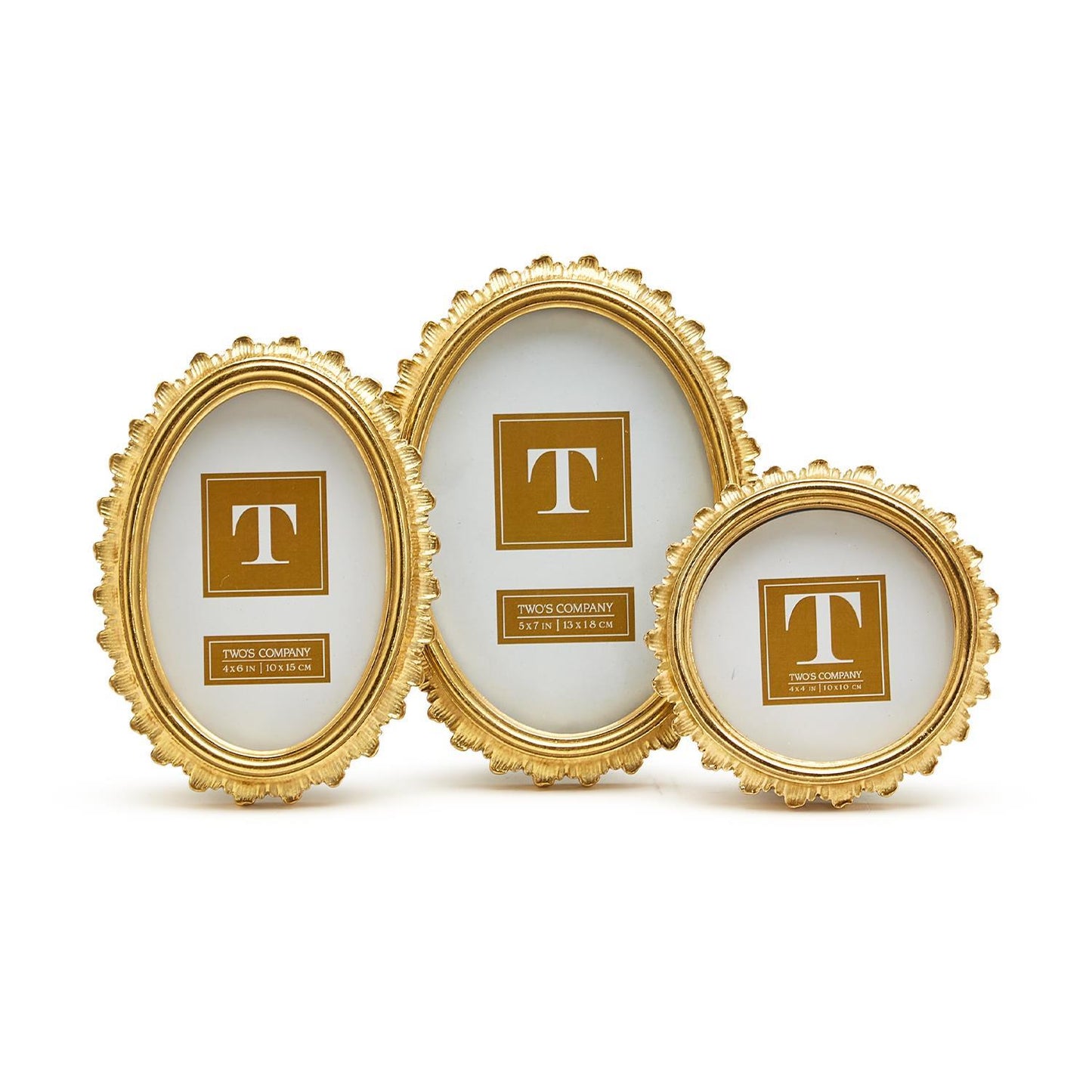 Three gold falcate picture frames with a central 'T' logo on a white background