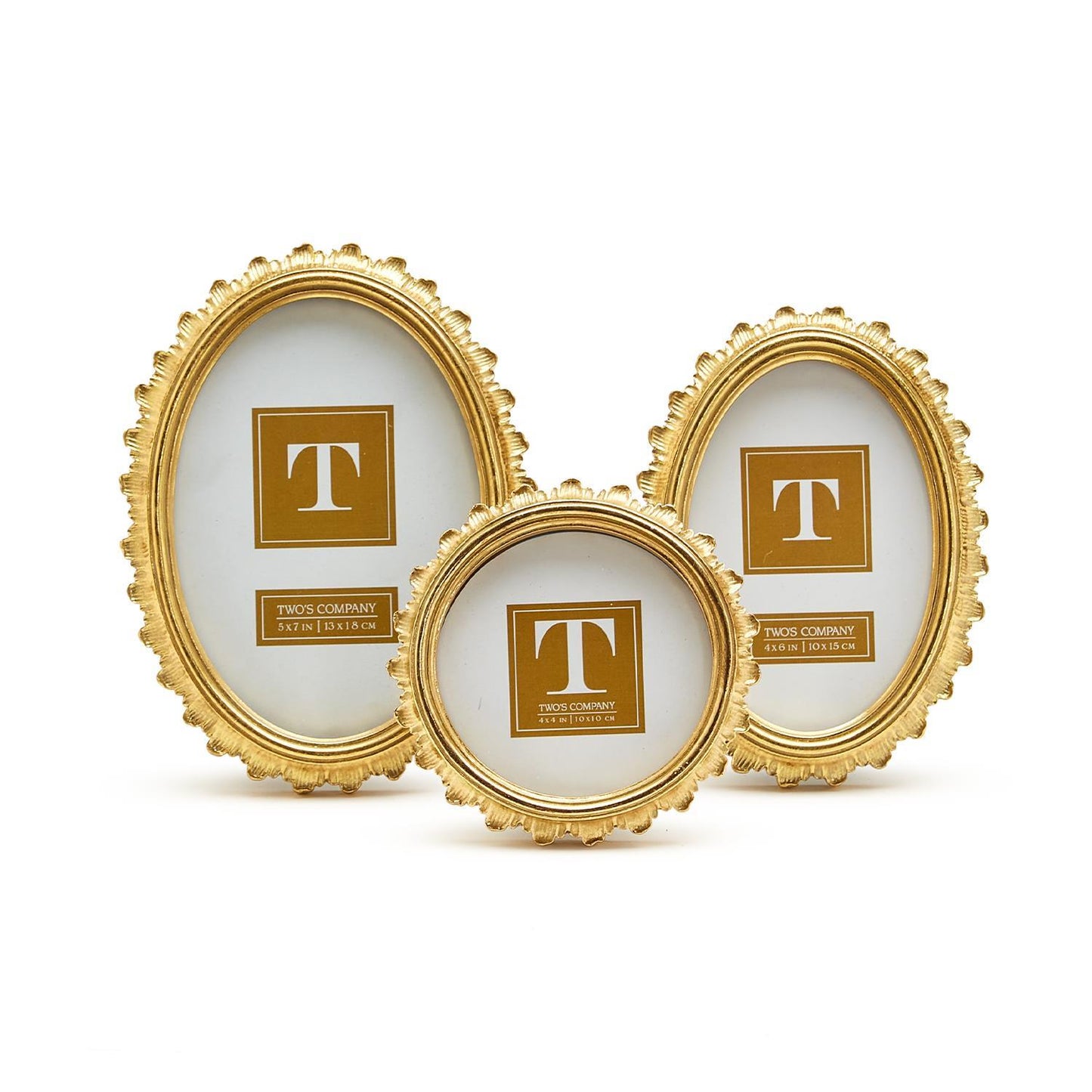 Three gold falcate picture frames with a central logo on a white background
