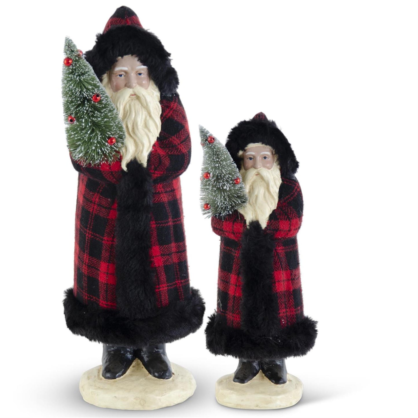 Red & Black Plaid Santa w/Fur Trim Holding Tree Small