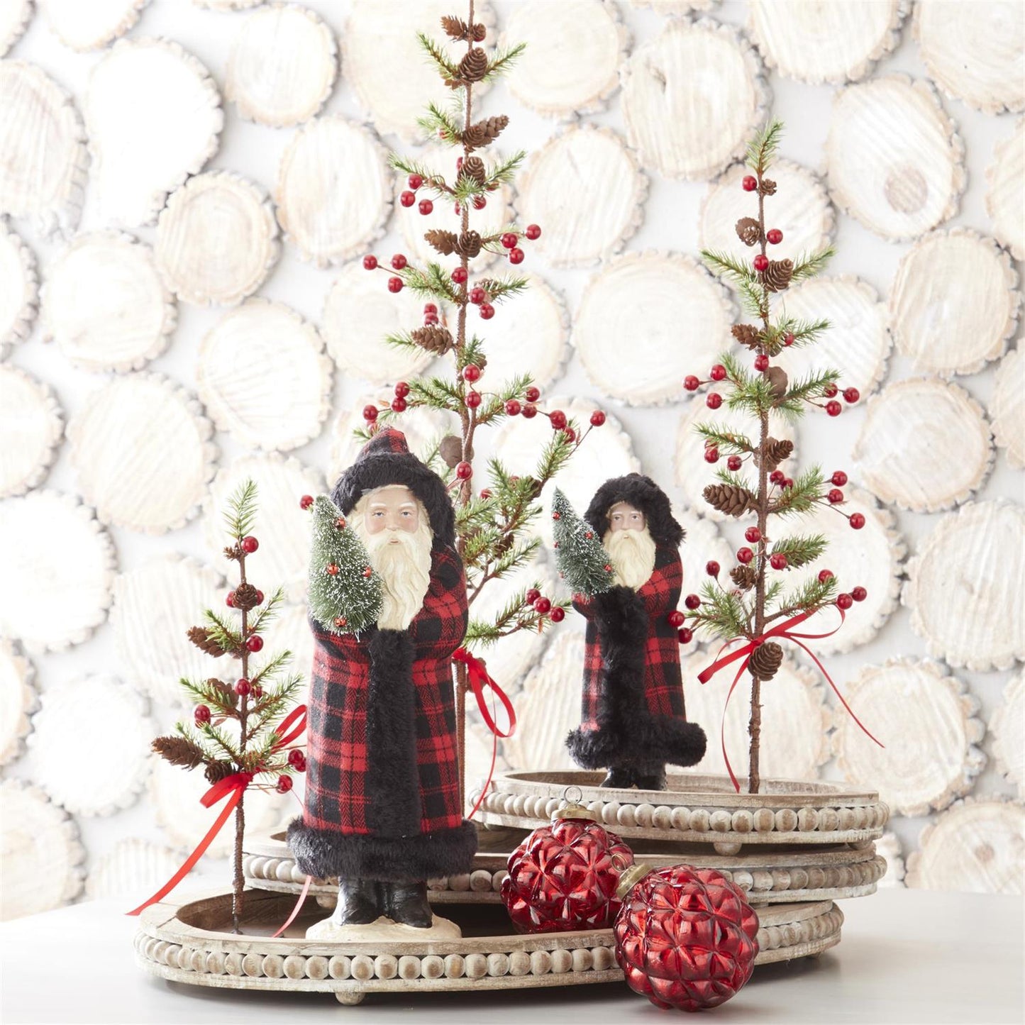 Red & Black Plaid Santa w/Fur Trim Holding Tree Small