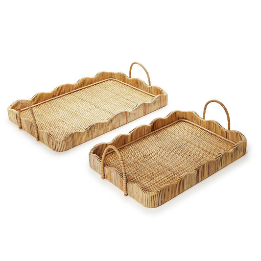 Scalloped Edge Rattan Tray with Handles Large