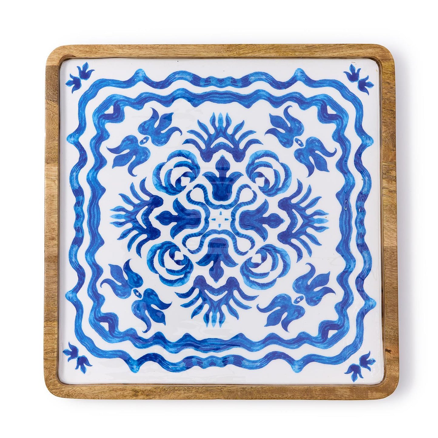 Decorative tile tray with blue floral patterns on a white background, framed by a wooden border.