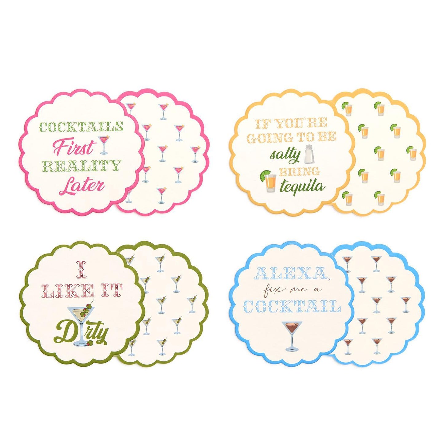 Set of four cocktail-themed coasters with humorous sayings on a white background