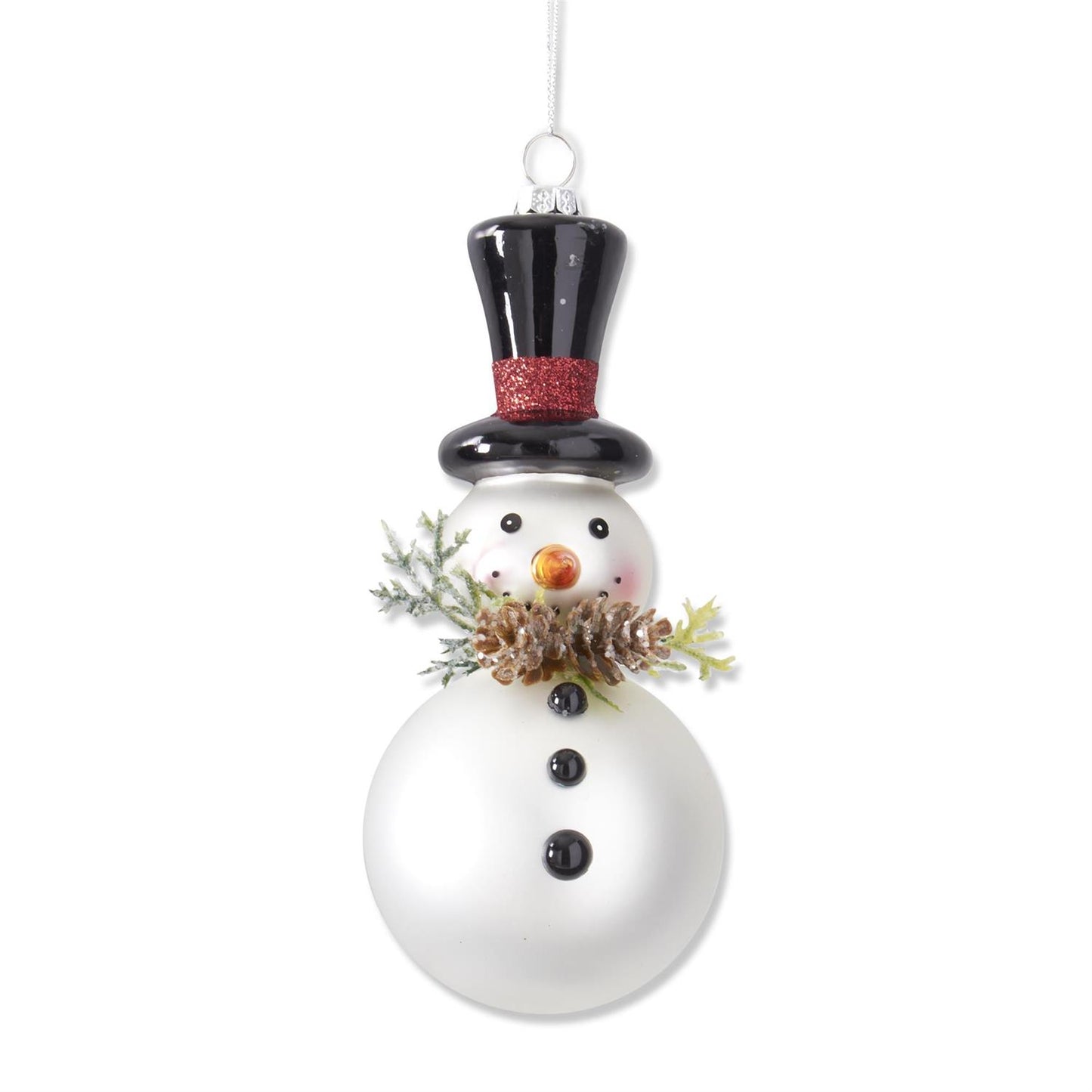 White Blown Glass Snowman Ornament w/Pinecones