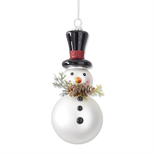 White Blown Glass Snowman Ornament w/Pinecones