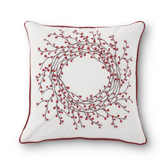 Embroidered Red Berry Wreath Pillow