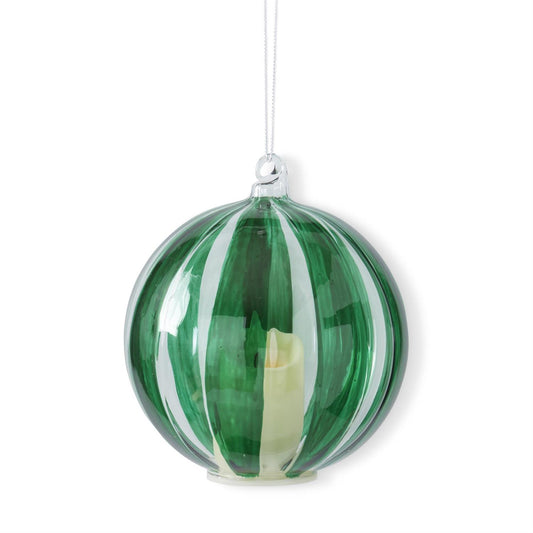Hand Painted Green Stripe on Clear Glass LED Ornament w/Timer
