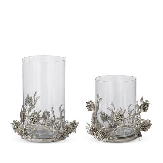 Glass Hurricane with Silver Metal Pinecones 11.5"