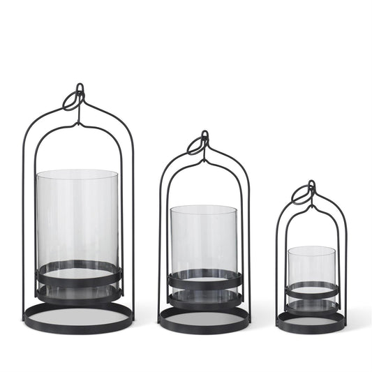 Black Metal Hanging Candleholder w/Glass Hurricane Large20"