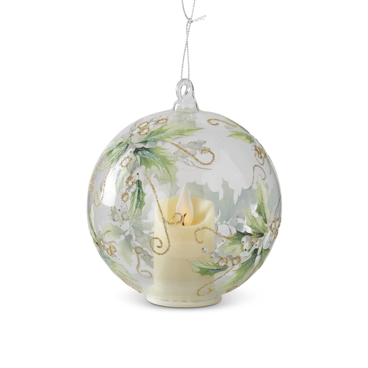 LED Holly & White Berry Clear Glass Ornament w/Timer
