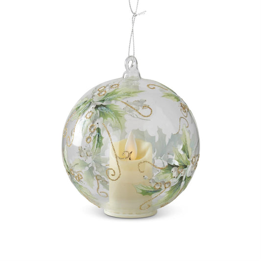 LED Holly & White Berry Clear Glass Ornament w/Timer