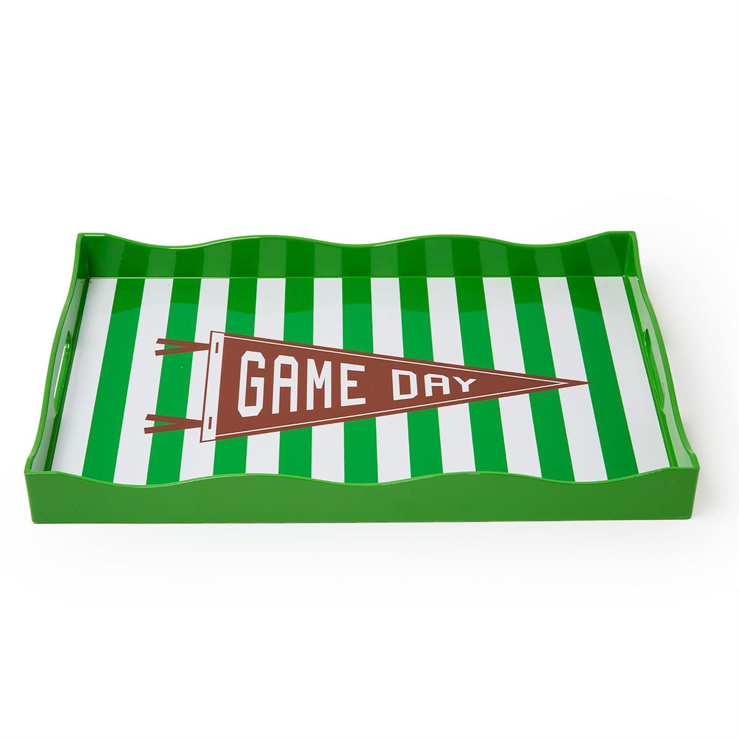 Green and white striped tray with 'Game Day' banner on a white background