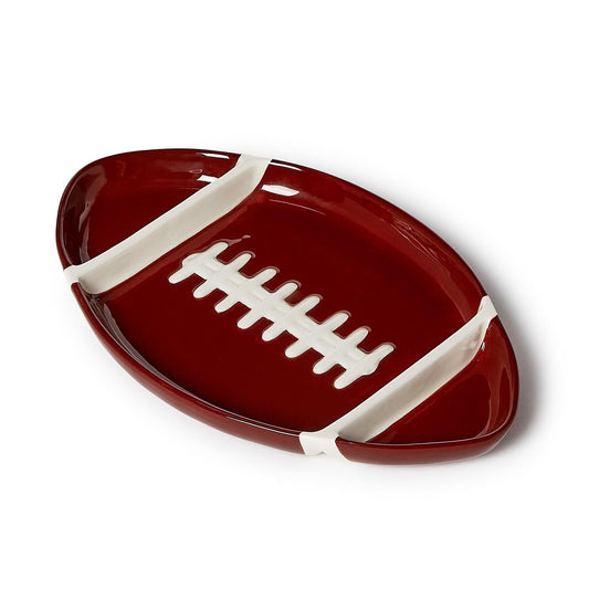Football-shaped plate with white laces and 3 sections