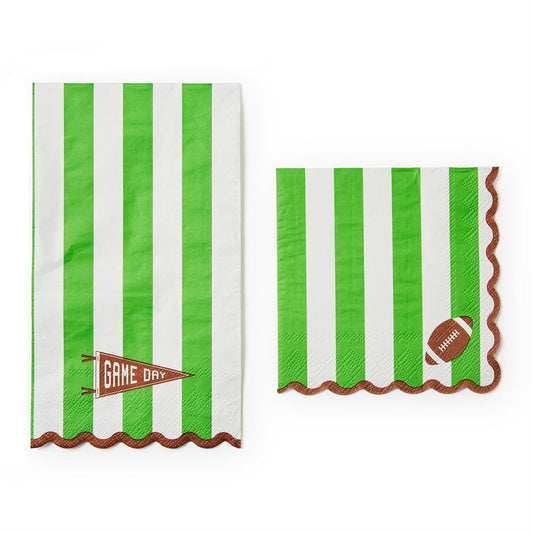 Two green and white striped napkins with 'Game Day' and football and pennant designs 