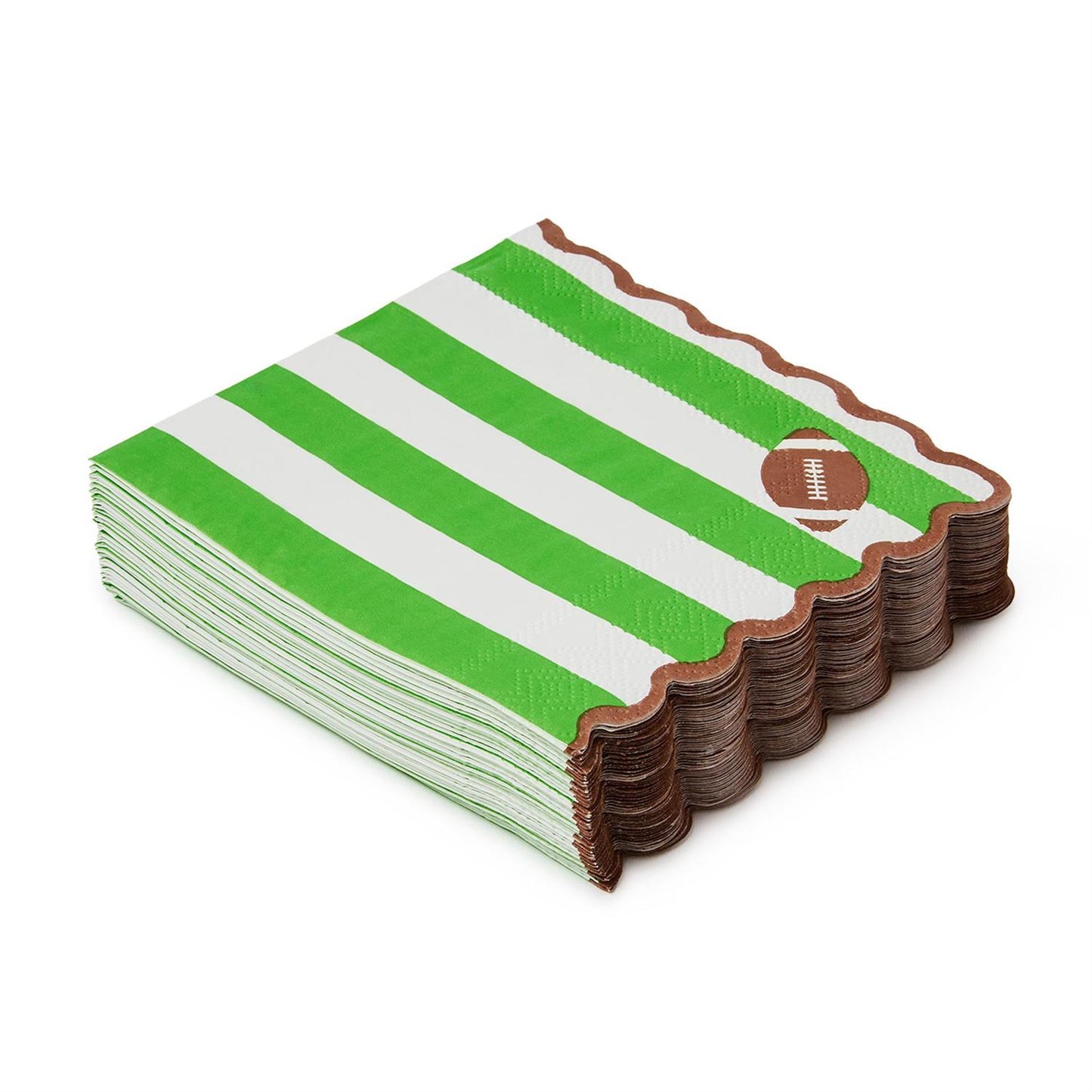 Stack of green and white striped scalloped edged cocktail napkins with a football in the corner