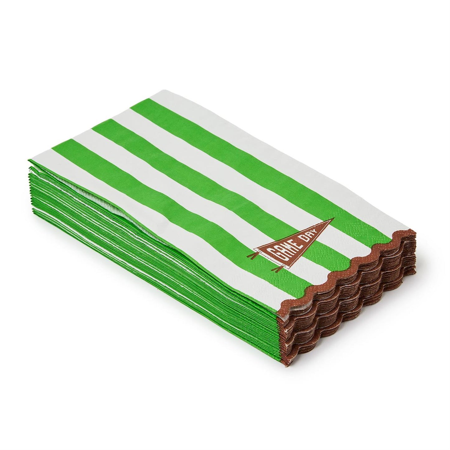 Stack of green and white striped scalloped edged napkins/guest towels with a game day pennant