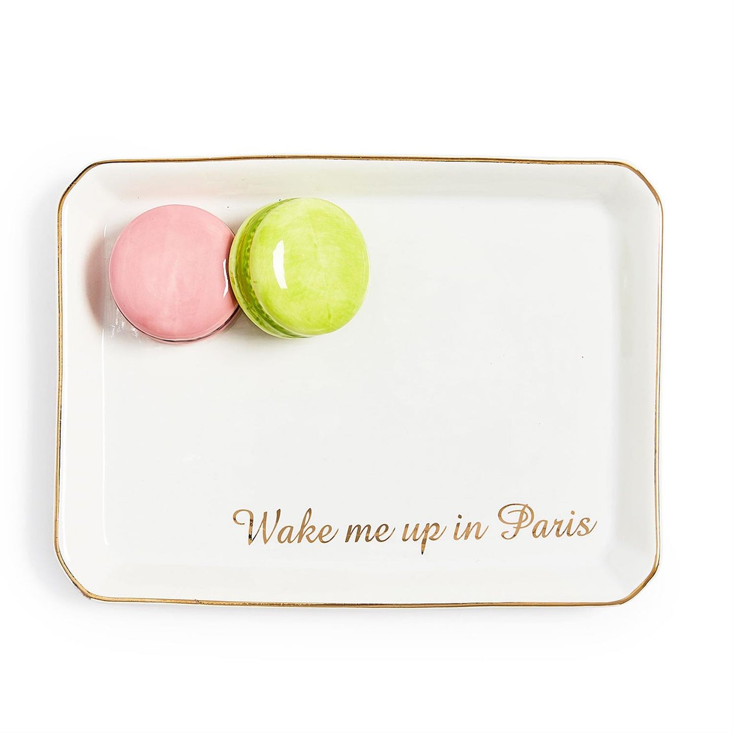 Rectangular white tray with gold text 'Wake me up in Paris' featuring two colorful macarons on a white background.