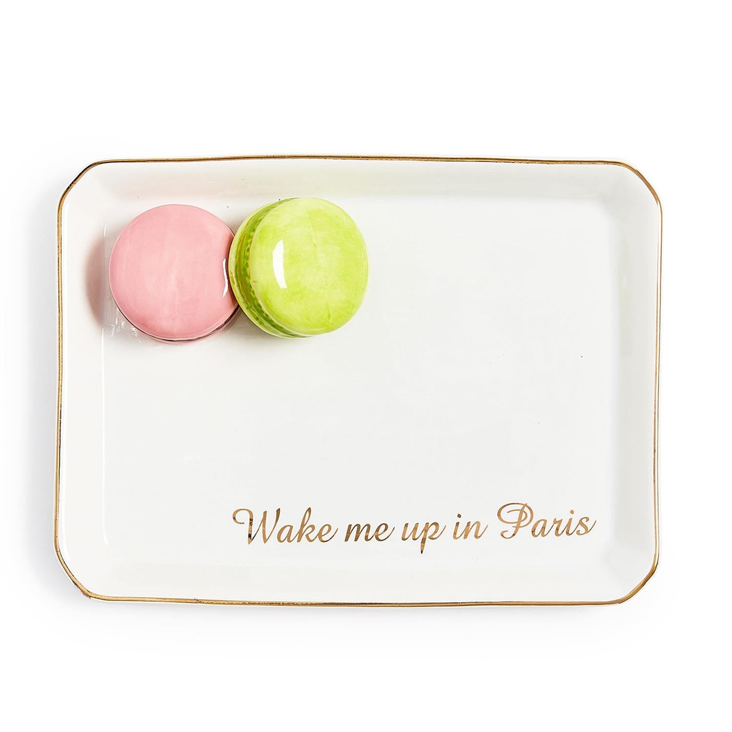 Rectangular white tray with gold text 'Wake me up in Paris' featuring two colorful macarons on a white background.