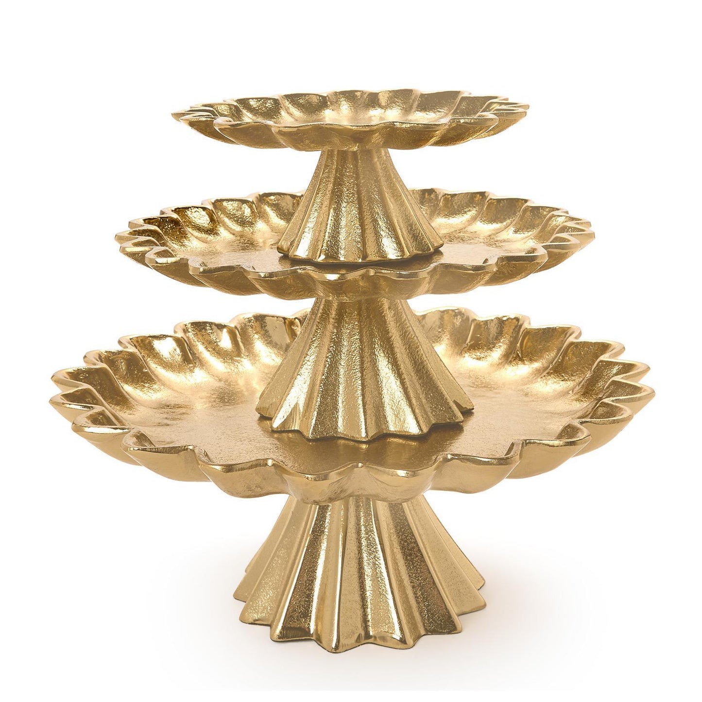 Three stacked gold cake stands with scalloped edge on a white background