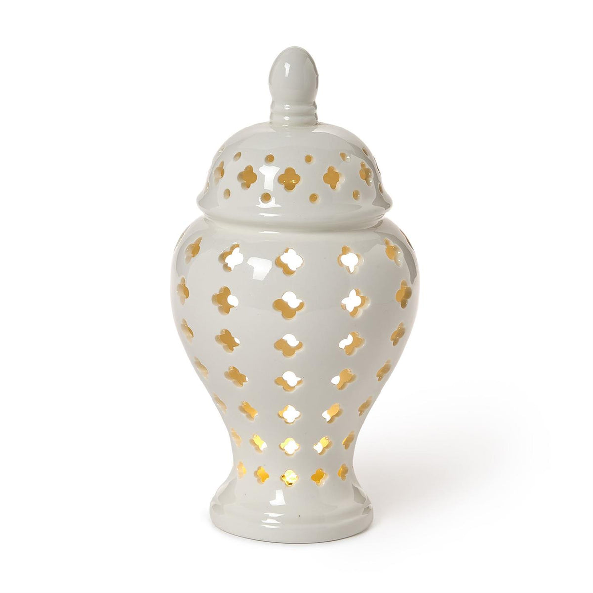 White light up ceramic jar with lattice geometric patterns on a white background