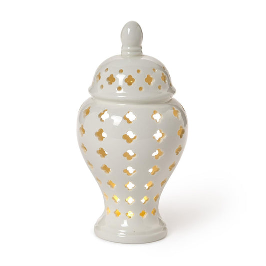 White light up ceramic jar with lattice geometric patterns on a white background