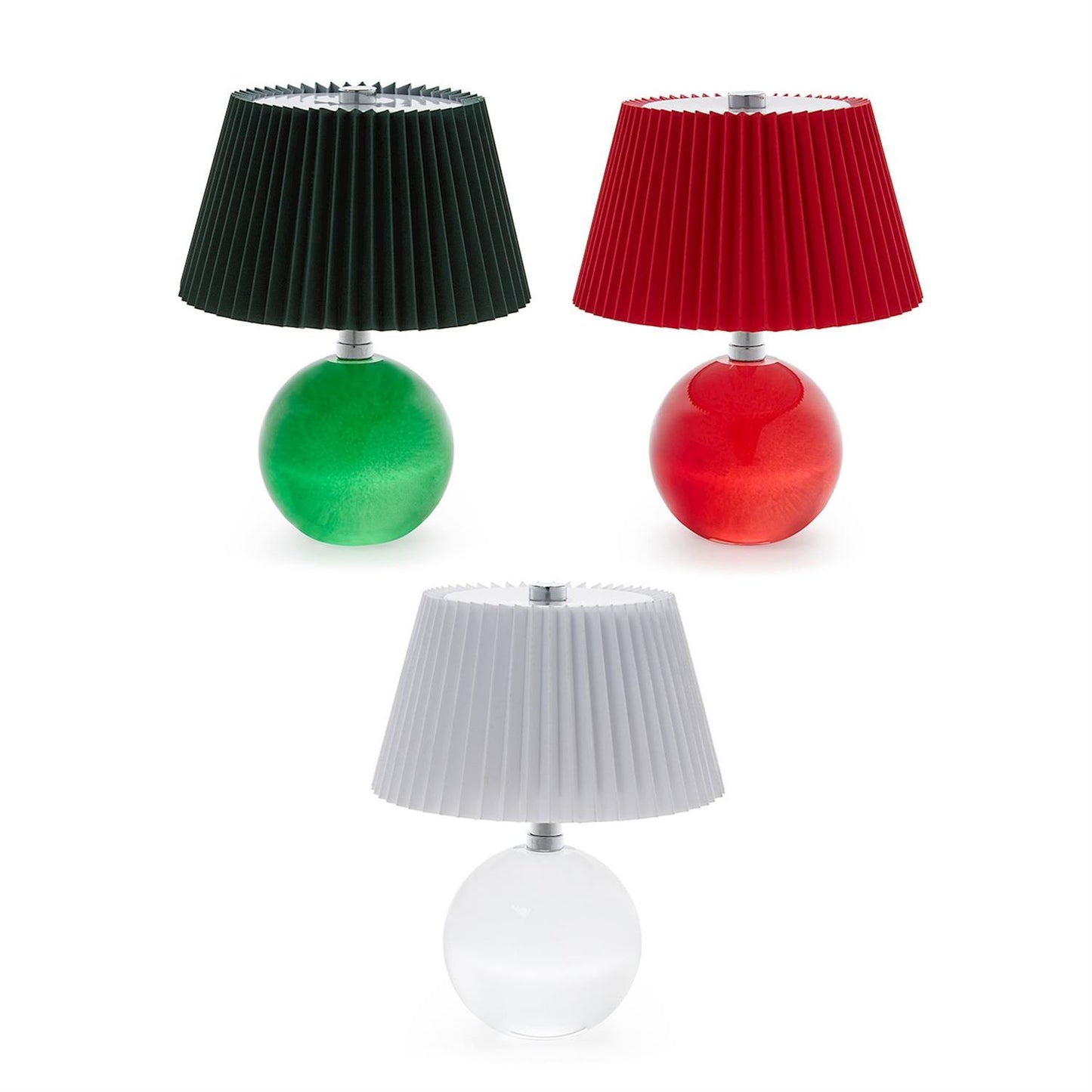 Three pleated shade table lamps with spherical bases shown on a white background: one green, one red and red, and one white and clear.
