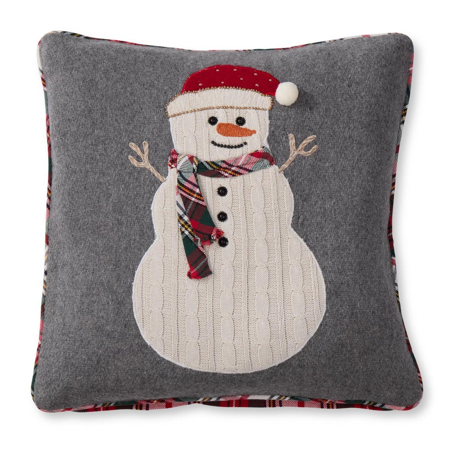 Grey Pillow w/Knit Snowman & Tartan Scarf