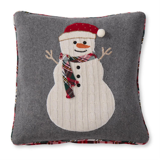 Grey Pillow w/Knit Snowman & Tartan Scarf