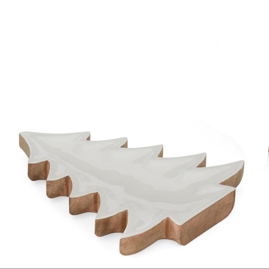 Wooden Christmas Tree Tray w/Enameled White Interior Small