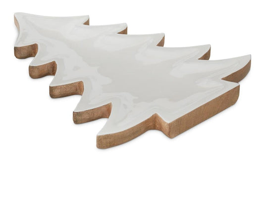 Wooden Christmas Tree Tray w/ Enameled White Interior Large