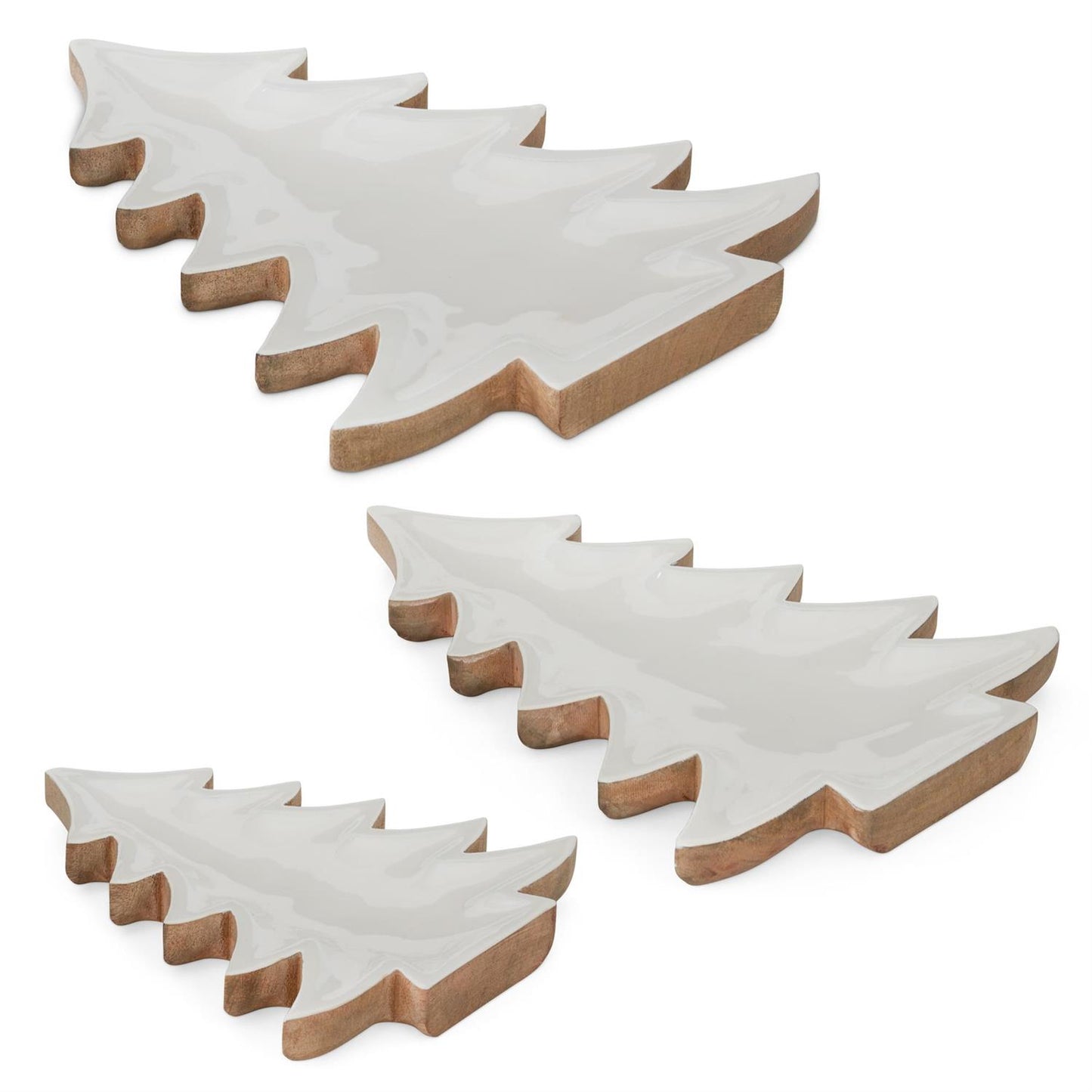 Wooden Christmas Tree Tray w/ Enameled White Interior Large