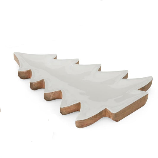 Wooden Christmas Tree Tray w/Enameled White Interior Medium