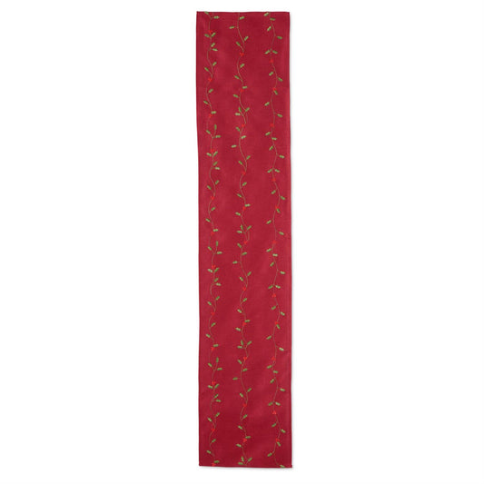 56029B Red Table Runner w/Embroidered Holly Leaves